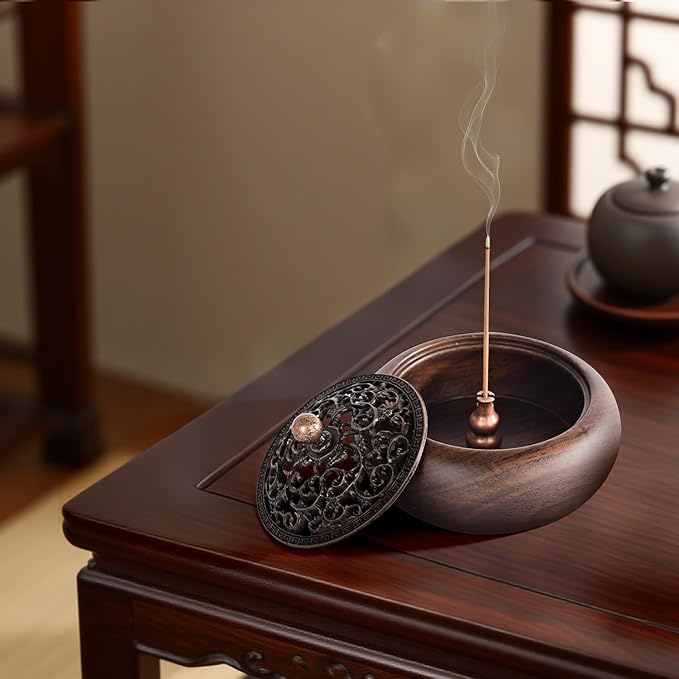 Incense Burner with Stick Holder for Sticks Cones and Coils, Black Walnut Wooden Incence Holder for Meditation Yoga Spa Room Home Decor