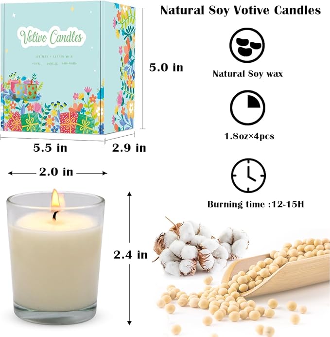 Unscented White Votive Candles in Glass Small Soy Wax 1.8oz Candles for Wedding Party Dinner Table Home, 4 Packs