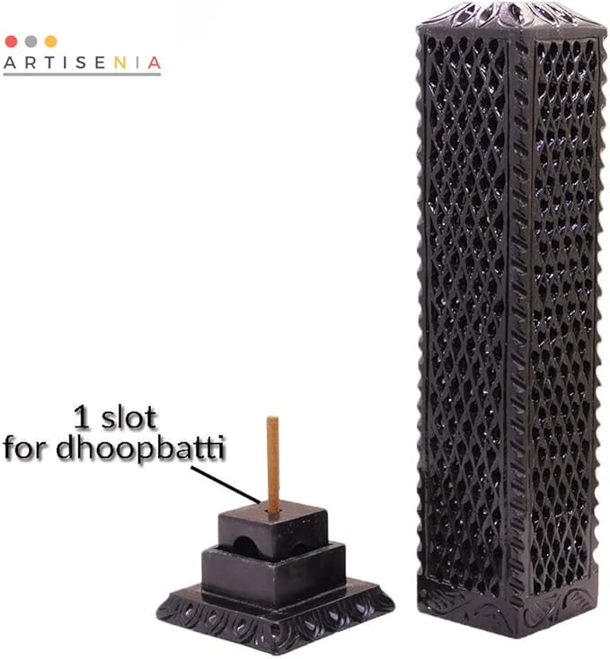 Handmade Black Soapstone Incense Stick Tower Holder | Marble Incense Stick Tower Burner Holder Spa Aromatherapy Home Office Fragrance Accessories Home Office Decor - (11 X 3 Inches)