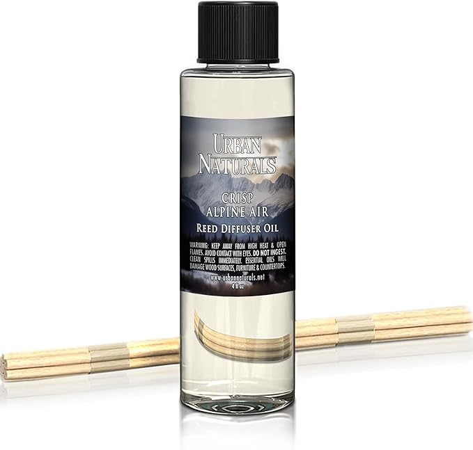 Urban Naturals Reed Diffuser Oil Refill, Crisp Alpine Air Diffuser Oils with Eucalyptus, Pine, Citrus, 4 oz + Free Reed Sticks, Made in The USA