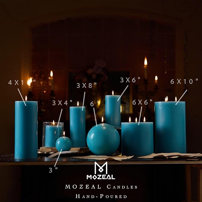 MOZEAL 4" x 10" Extra-Large Turquoise Pillar Candles (Set of 2), Unscented,Dripless, Smokeless,Long Clean-Burning,These Tall 10 inch Large Teal Pillar Candles Perfect for Weddings and Spring Decor