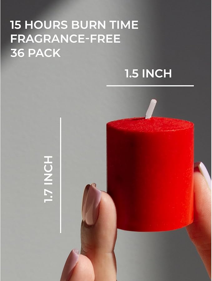 CANDWAX 15 Hour Votive Candles Set of 36 - Red Unscented Christmas or Luminaries - 1.5x1.7 inch