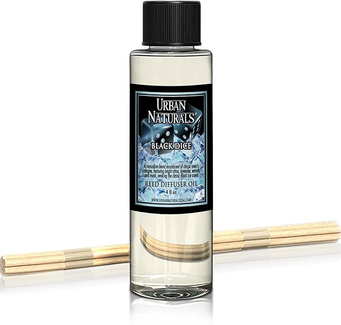 Urban Naturals Black Dice Scented Oil Reed Diffuser Refill | Includes Reed Sticks! 4 oz Masculine Blend of Citrus, Lavender, Woods & Musk | Made in The USA