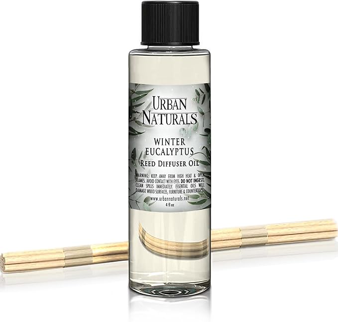 Urban Naturals Reed Diffuser Oil Refill Winter Eucalyptus, Crisp Eucalyptus, Mint, Spruce, Cedar, Essential Oils, 4 oz + Free Reed Sticks, Made in The USA