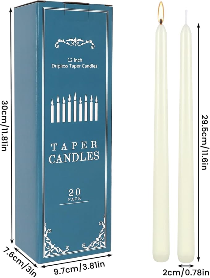 20 Pack Ivory Taper Candles 12 Inch Tall 3/4 Inch Thick Burn 10 Hours
