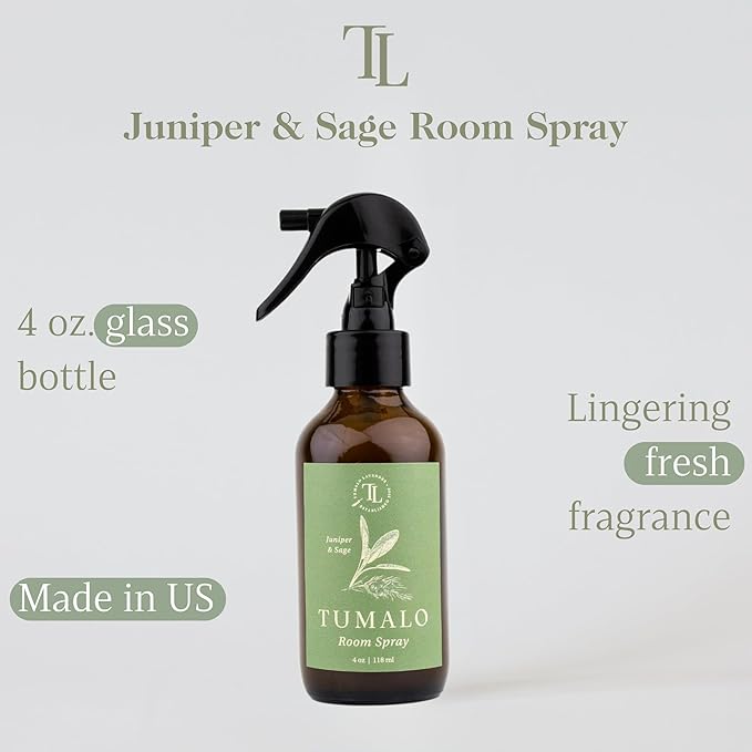 Room Spray - Sophisticated, All-Natural Home Fragrance, Pure Essential Oil Air Freshener & Odor Eliminator, Refreshing Scent, Made in the USA, Juniper & Sage, 4 oz Glass Bottle