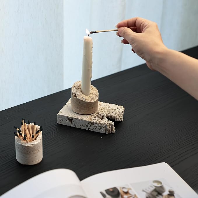 Match Holder with Striker - Set of 2 - Handmade Travertine Match Box - Matches in a jar for Bathroom Candle - Cute Home Decor - Matches Not Included