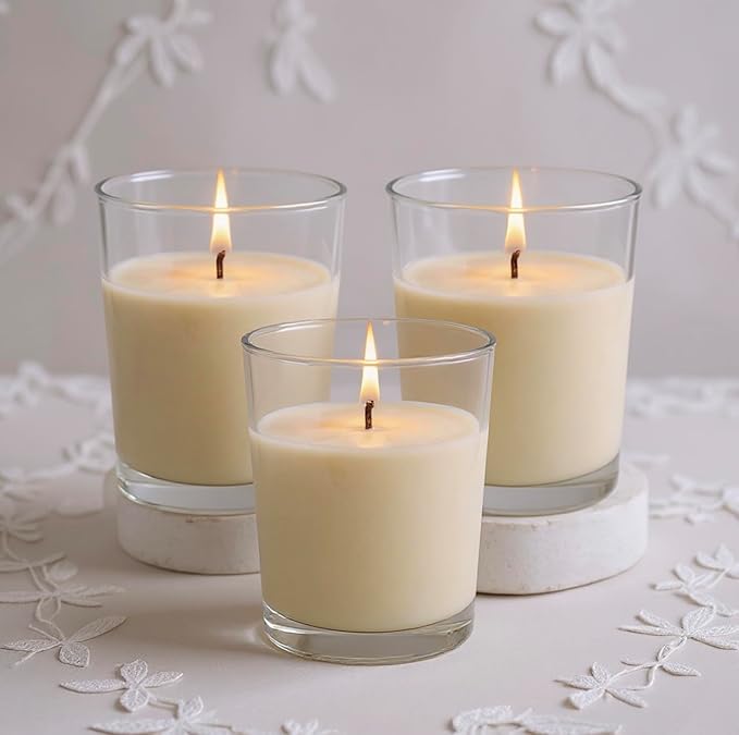 Mister Candle – Set of 9 Unscented Votive Candles in Glass Holders, Hand Poured Soy Wax, 12 Hour Burn Time, White Candles for Weddings, Parties, Spa, Home Décor