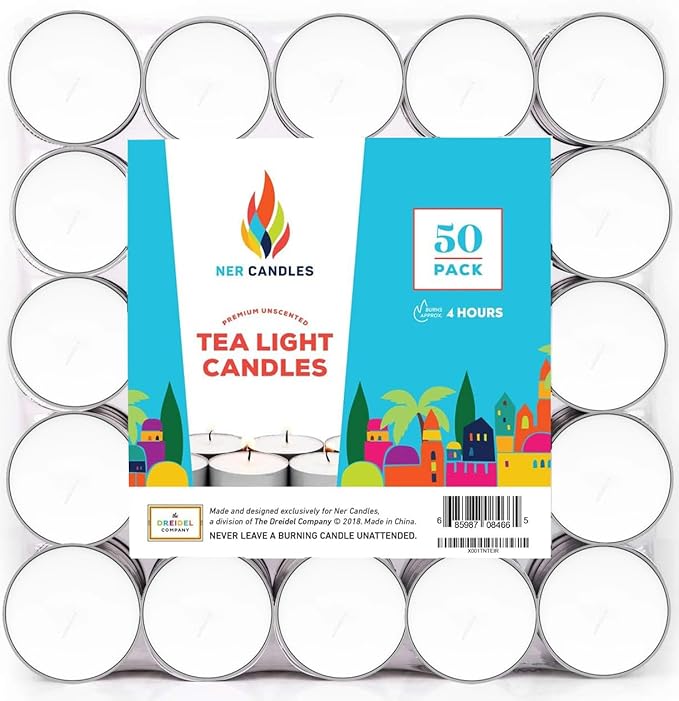 Unscented Tea Lights Candles in Bulk, Smokeless, Dripless & Long Lasting Tea Candles, Small Votive Mini Tealight Candles for Home, Pool, Shabbat, Weddings & Emergencies (Pack of 50)