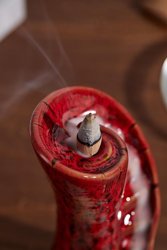 Unique Cloud Stairs Ceramic Waterfall Incense Holder, Paired with a Pack of Backflow Incense Cones. (Fambe Red)