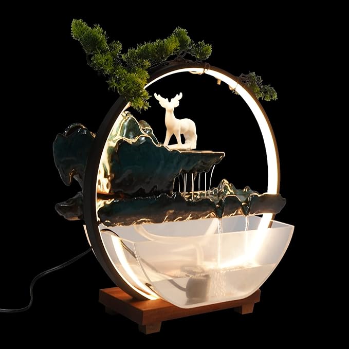 Backflow Incense Holder with Water Fountains and LED Light, Rockery, Deer and Aquariums Perfect for Relaxing or Home Decor (Deer witn Fish Tank)