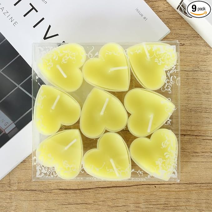 Tea Candles Heart Romantic Candle Small Sweet Wedding Party and Home 1.5-2 Hours Extended Burn Time Votive Parties Tealight Wishing Bulk Birthday Halloween Emergency Family 9 Pack (Yellow)