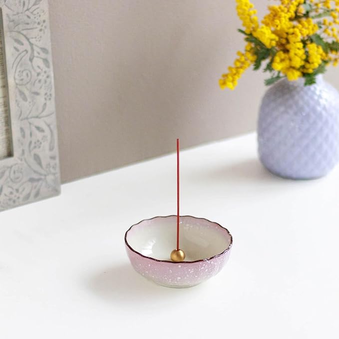 Asayu Japanese Lotus Incense Holder for Sticks 4.1 inch (105mm), Traditional Made in Japan Ceramic Ash Catcher and Brass Incense Burner Set - Pink