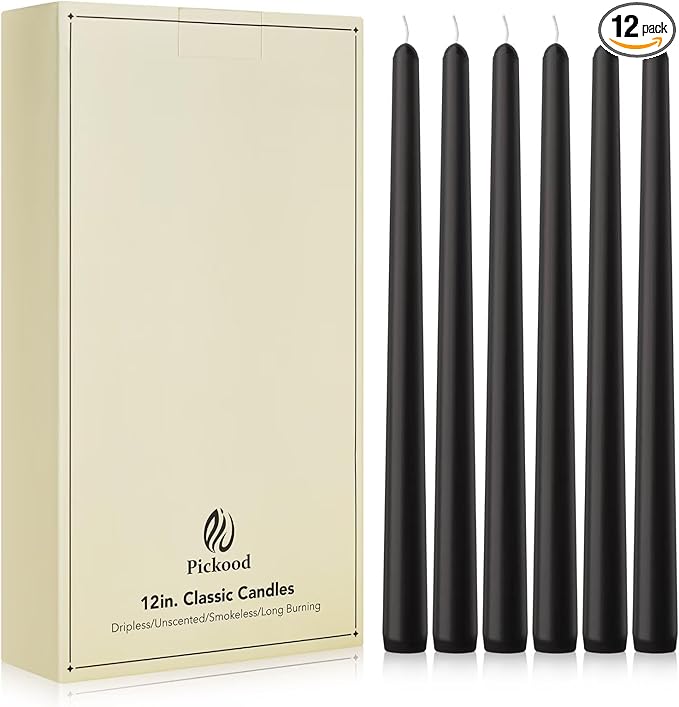 New Burning Formula Unscented Dripless 12-Inch Taper Candles Set of 12 - Black, for Wedding, Dinner - Smokeless, Long Burning - Hand Poured, Colored Tall Candlesticks - Negro