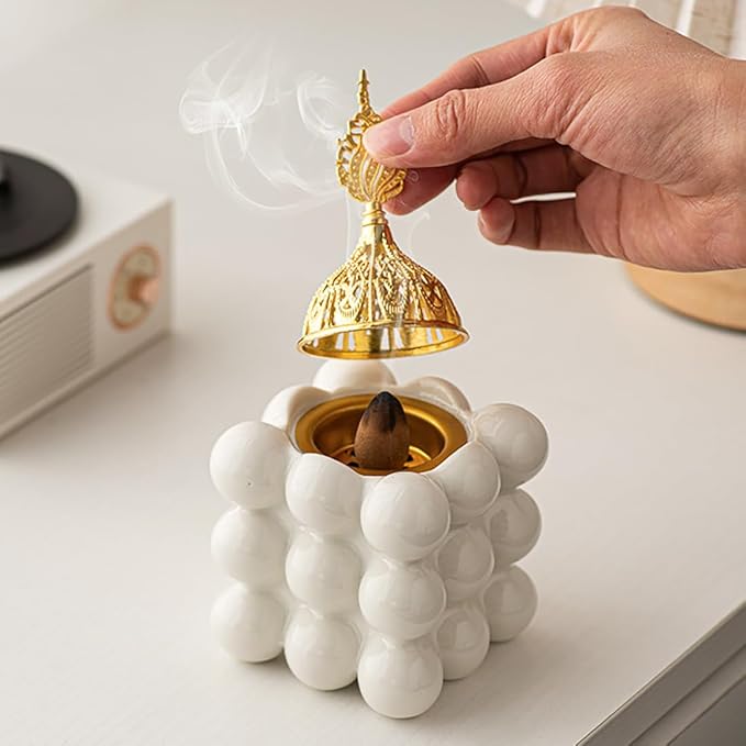 Ceramic Cube Golden Incense Burner Handheld Eid Incense Burner Middle East Arabian Festival Incense Holder Home Decoration Ornament Aromatherapy Furnace (White)