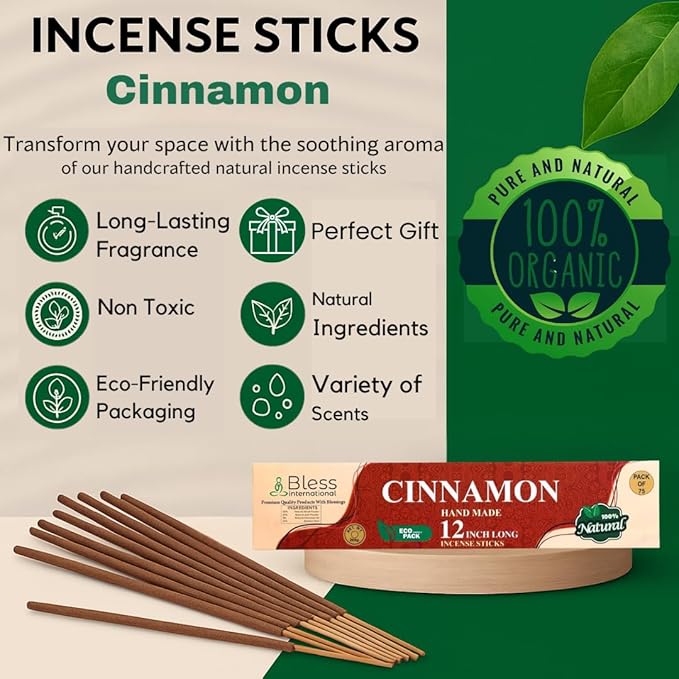 Bless-International-Cinnamon 100%-Natural-Handmade-Incense-Sticks Organic-Chemicals-Free-for-Relaxation-Positivity-Yoga-Meditation 12-Inches-1-Hour-Plus-Burning-Time-75-Sticks-7-OZ