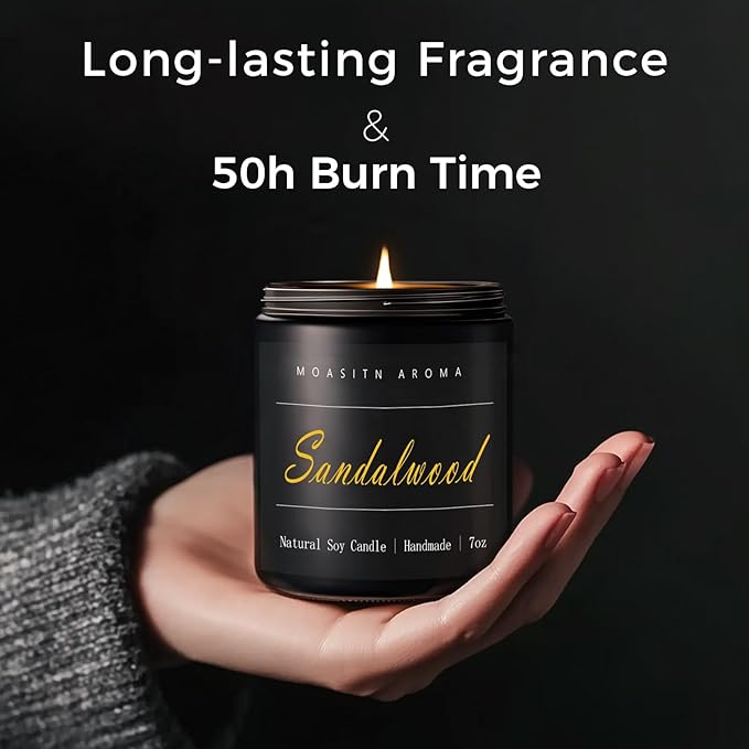 MOASITN Sandalwood Scented Candles for Home| Leather,Sandalwood,Amber Scented Soy Candle| Handmade Longlasting Aromatherapy Candle| Jar Candel Gift for Women,Men for Spring,Birthday,Relaxing|7oz