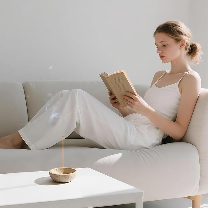 WORHE Travertine Incense Holder, Natural Marble Incense Holder for Sticks with 9 Incense Holes, Handmade Incense Stick Burner Reflux Burner Ideal for Meditation Yoga Spa Room Decor Beige (WH085)