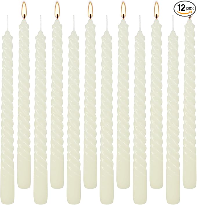 12 Pack 10 inch Ivory Spiral Taper Candles - Dripless, Smokeless, Unscented - 7 Hour Long Burning - Hand Poured Tall Candlesticks - Perfect for Dinner,Party,Wedding and Home Decoration.