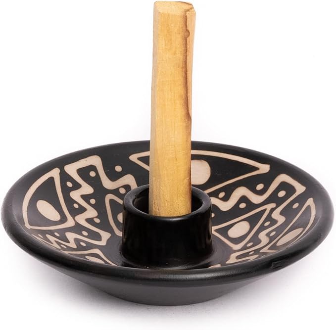 Luna Sundara Authentic Peru Pottery Palo Santo Stick Holder and Incense Holder Includes 5 Palo Santo Sticks Handmade Ceramic Smudge Bowl Sage Holder Palo Santo Holder (Black and White)