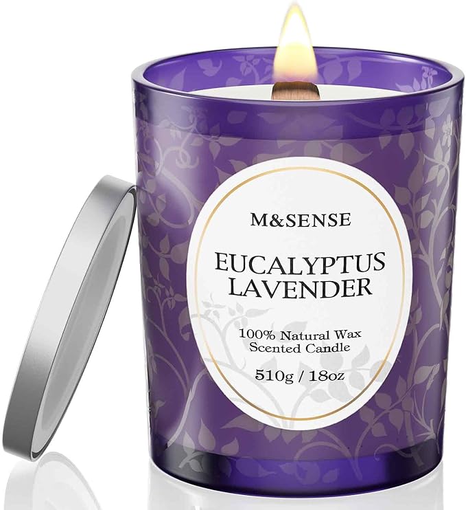 M&SENSE Eucalyptus Lavender Strong Scented Candle, Wooden Wick Candle with Lid, 100 Hours Slow Burning No Toxin Natural Soy Wax 18oz, Relax Aromatherapy Sleep Home Fragrance, Housewarming Gifts