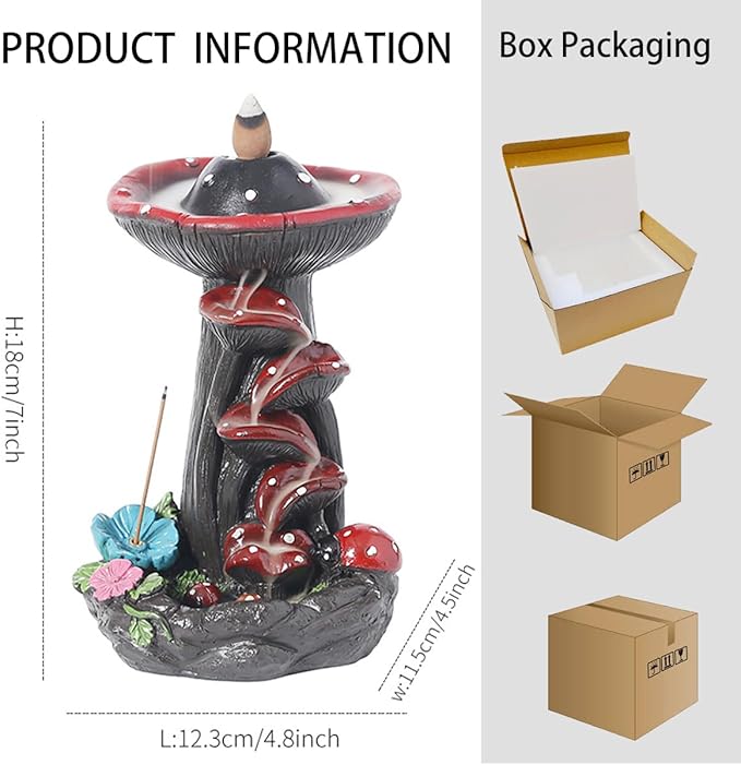 Mushroom Backflow Incense Holder, Resin Aromatherapy Decor with Smoke Cascade Effect for Home Relaxation, Meditate Stress Relief Waterfall Incense Burner Fountain with Cones Zen Room Decor