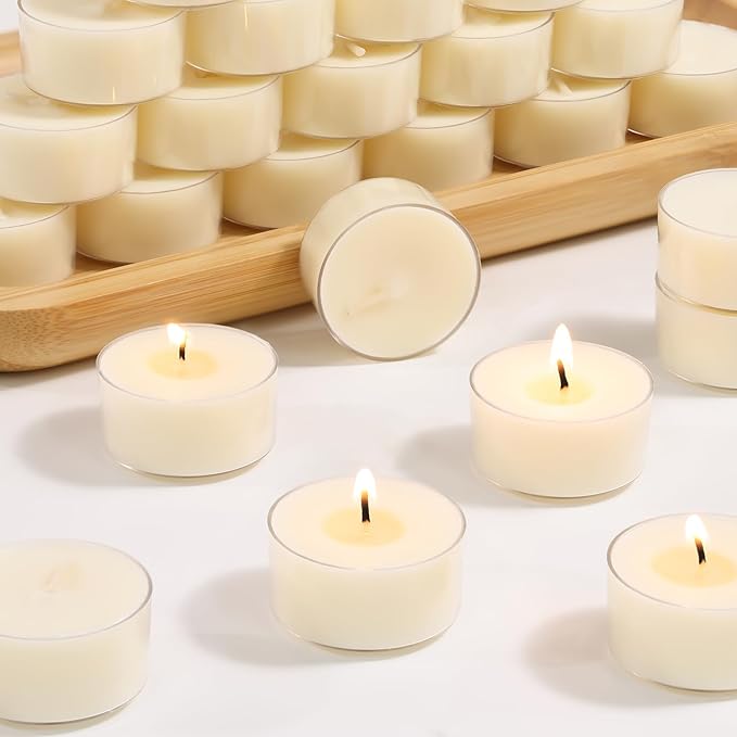 Scented Tea Lights Candles, Vanilla Embrace, 48 Pack – 100% Palm Wax Scented Tealights, Ivory Color, 6 Hour Long Burning, Vanilla Aromatherapy Tea Lights Candles for Relaxation, Home, Spa, Events