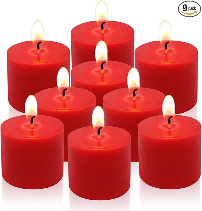 9 Packs Red Votive Candles, Small Unscented 1.5 Inch Diameter Wax Candles for Christmas Valentine's Day Wedding, Party, Table, Holiday & Home Decoration - 8 Hours Burn Time (1.5" W x 1.25" H)