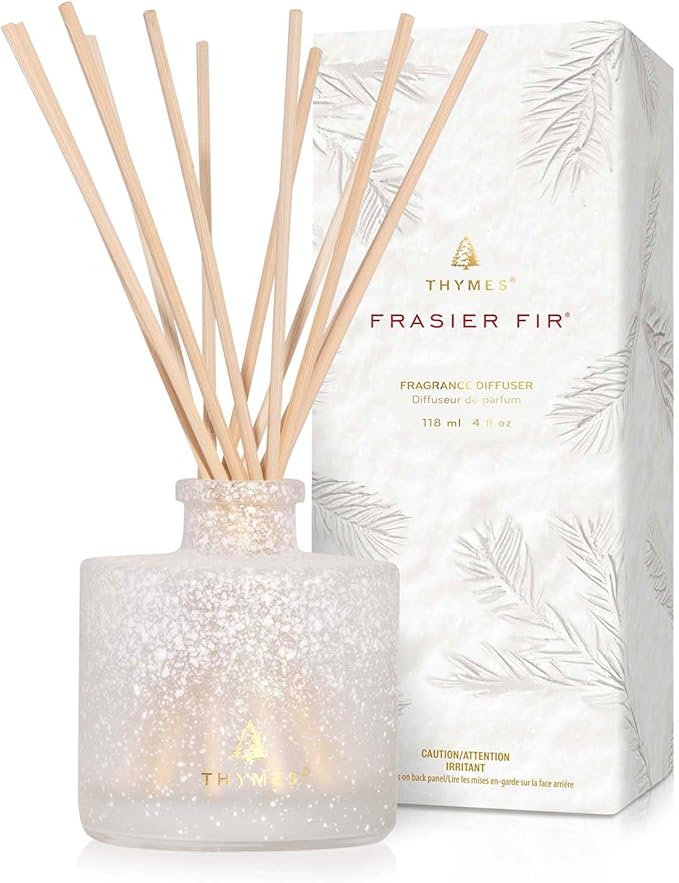 Thymes Frasier Fir Reed Diffuser Set – Includes Reeds, Fragrance Oil, and Frosted Glass Bottle – Fragrance Oil Diffuser – Room Fresheners – Luxury Home Decor – White (Flocked, 4 fl oz)
