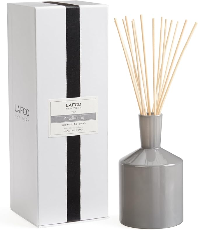 LAFCO New York Classic Reed Diffuser, Paradiso Fig - 6 oz - Up to 3 Months Fragrance Life - Reusable Glass Vessel - Natural Wood Reeds - Made in The USA