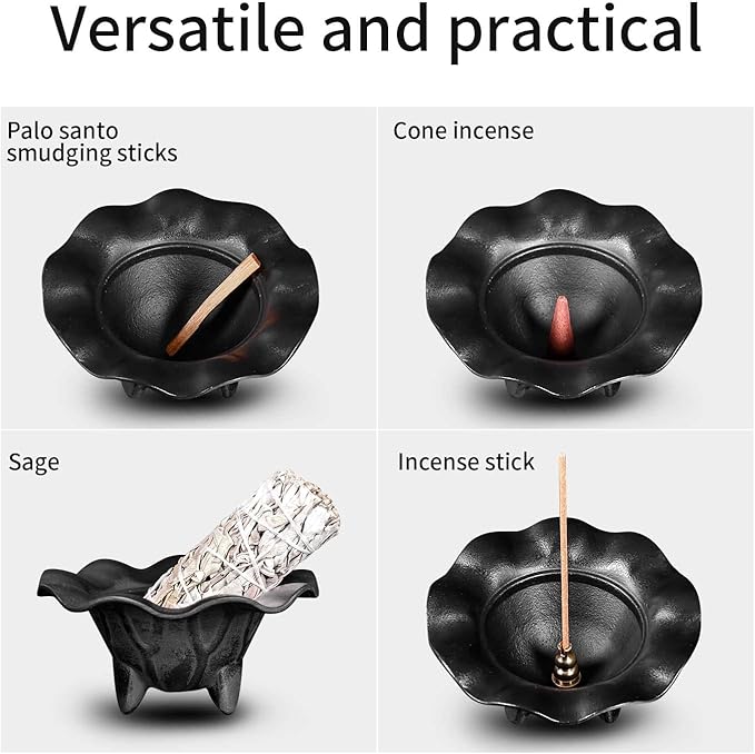 AIMITOFO Cast Iron Incense Burner - 4 in 1 Incense Burner Holder Set - Lotus Leaf Shape Ash Catcher with Lid for Ritual Purpose, Decor, Etc...