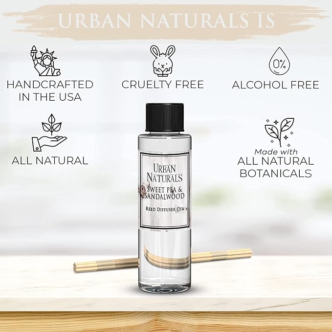 Urban Naturals Reed Diffuser Oil Refill, Sweet Pea & Sandalwood Diffuser Oils with Jasmine, Berries, Sweet Pea, 4 oz + Free Reed Sticks, Made in The USA