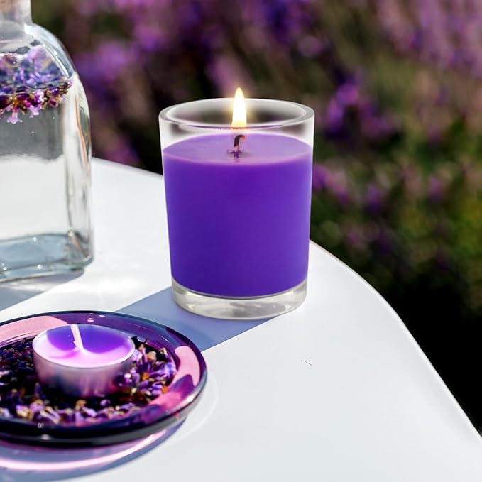 Set of 4 Purple Votive Candles, Clear Glass Filled Soy Wax Lavender Scented Candles for Home Spa Stress Relax and DIY