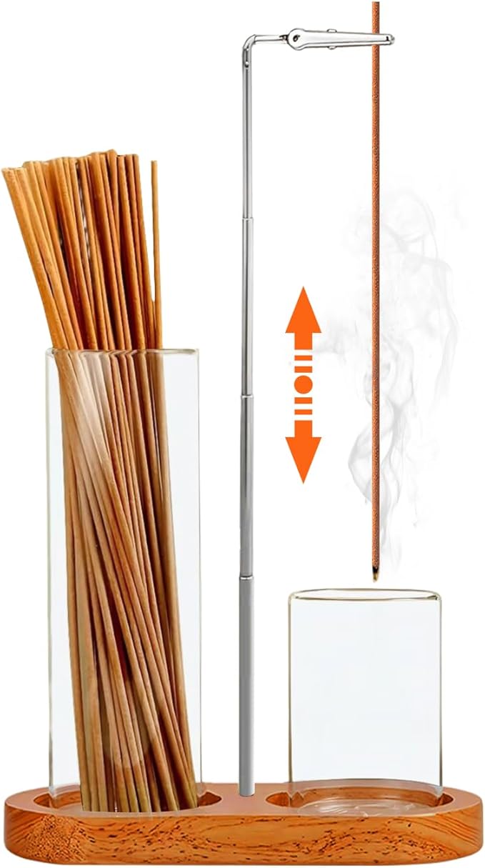 2 in 1 Incense Holder for Sticks(Height Adjustable), Anti-Ash Flying Insence-Sticks Burner with Glass Incense Holder Organizer for Meditation Yoga Spa Home Decor Sage (Silver Metal Rod)
