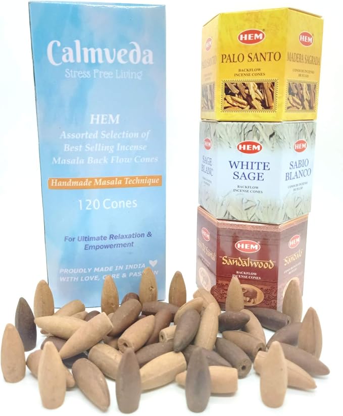 Hem Backflow Incense Cones for Waterfall (3 Types, 120 Cones) - Palo Santo, White Sage & Sandalwood | Strong Heavenly Scent With Thick White Fountain