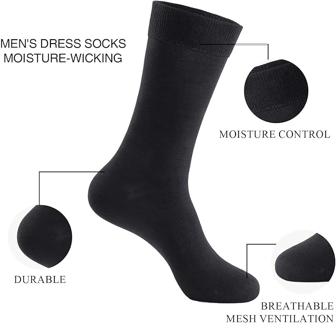 J-BOX Men's Cotton Crew Socks-Wicking Black Dress Socks, Anti-Odor&Breathable for Business/Casual, Size 6-15