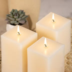 KONNI Square Ivory Pillar Candles Set of 3, 2.8"x 4" Unscented Pillar Candles Bulk, 30 Hours Long Burning Candles, Smokeless and Dripless Large Candle for Wedding, Home Decoration, Parties, Spas