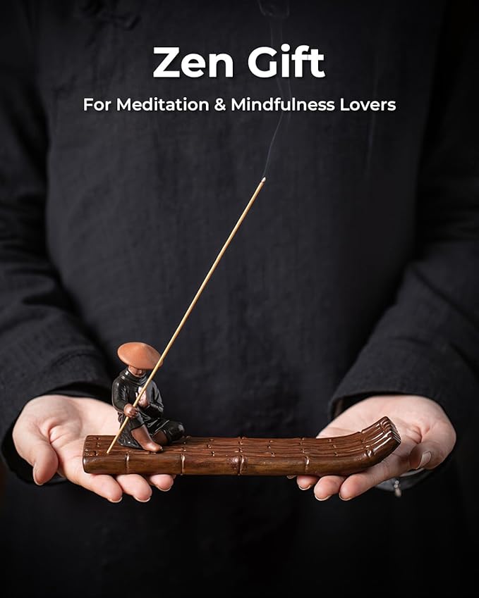 Ceramic Incense Stick Holder with Ash Catcher - Kung Fu Samurai on Bamboo Raft, Chinese & Japanese Home Decor for Meditation, Spa, Yoga