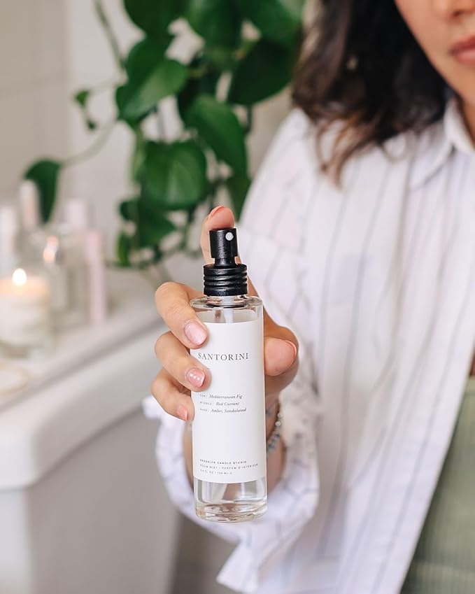 Brooklyn Candle Studio Santorini Room Mist - Long Lasting Fragrance Spray for Body & Linens, Sandalwood & Amber, Air Freshener for Bathroom & Bedroom, Clean Ingredients