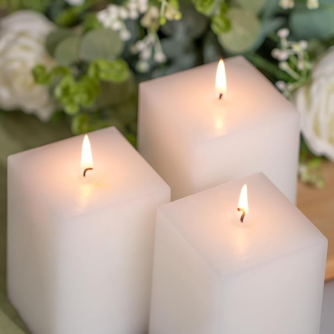 KONNI Square White Pillar Candles Set of 3, 2.8"x 4" Unscented Pillar Candles Bulk, 30 Hours Long Burning Candles, Smokeless&Dripless Large Candle for Wedding, Home Decoration, Parties, Spas, Dinner