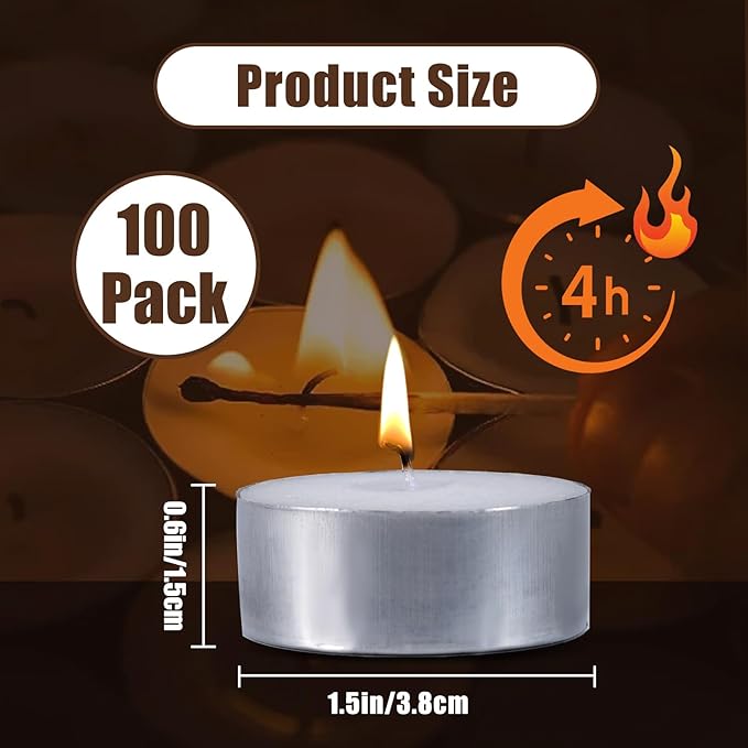 100 Pack Tealight Candles Bulk, 4 Hours Long Burning Tea Lights, White TeaLight Candles, Unscented Smokeless Tea Light Candle for Home Shabbat Weddings Party