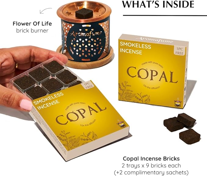 Copal Incense Bricks & Flower of Life Exotic Burner by Aromafume | 2 Trays x 9 Bricks | Protium Copal (Burseraceae) | Ideal for Spiritual Cleansing & Enhanced Connection | Low-Smoke & Non-Toxic