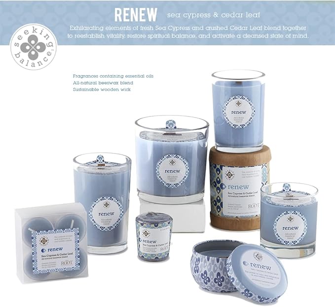 Root Candles Seeking Balance Wood Wick Spa Candle Aromatherapy Candles, 12-Ounce, Renew: Sea Cypress & Cedar Leaf