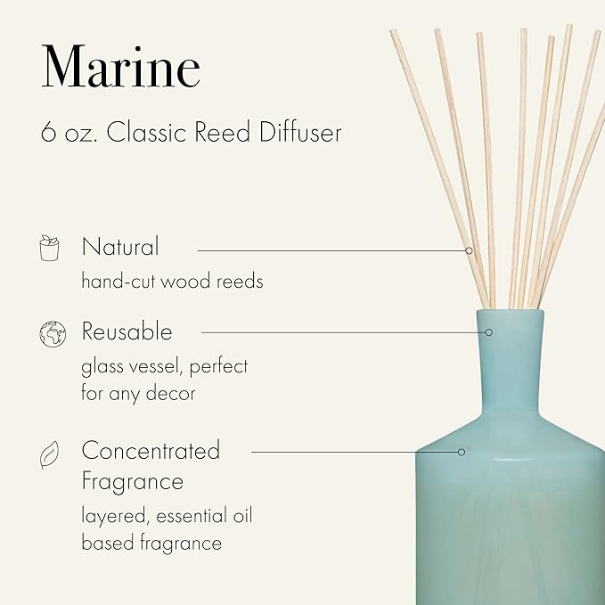 LAFCO New York Classic Reed Diffuser, Marine - 6 oz - Up to 3 Months Fragrance Life - Reusable Glass Vessel - Natural Wood Reeds - Made in The USA