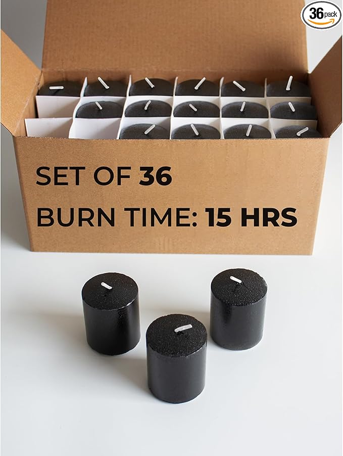 CANDWAX Long Lasting Unscented Black Votive Candle Set of 36 - Perfect as a Halloween Candles Bulk Pack - 1.5x1.7 inch Black Votives