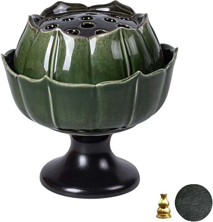 Ceramic Incense Holder with Lid,Lotus Incense Cone Holder for Coil Incense and Powder Incense,Mediation Gift,Home Decor (Deep Green)