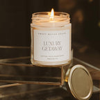 Sweet Water Decor Luxury Getaway Scented Candles - Soy Candles with Lemon, Cedarwood, Cinnamon, Vetiver, Amber & Musk Home Scent - Candle Wax with 40 Hours Burn Time - 9Oz Gold Lid Clear Jar Candles