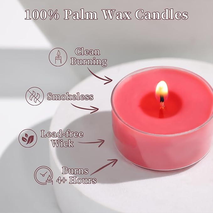 Scented Tea Lights Candles, Wisper of Rose, 48 Pack – Red Scented Tealight Candles– 100% Palm Wax – 6 Hour Burn Time Aromatherapy Tea Light Votive Candle for Dinner, Bedroom, Spa