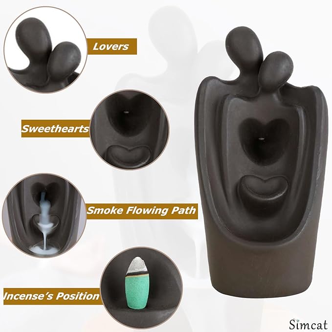 Simcat Backflow Incense Burner Handicraft Hugging Lovers Incense Waterfall Burner Ceramic Incense Holder Censer Romantic Home Decor +20 Backflow Incense Cones 30 Incense Sticks 1 Tweezer 1 Mat