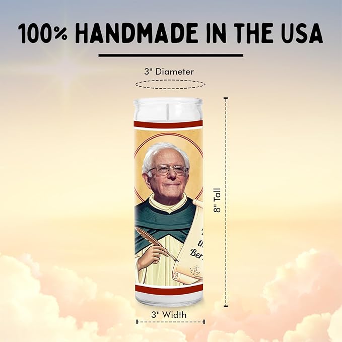 Bernie Celebrity Glass Jar Candle – Unscented Handmade Soy Wax Votive Candle – Unique Gift for Public Figure Fans – Home Decor Collectible for Living Room & Office – 8 Inch